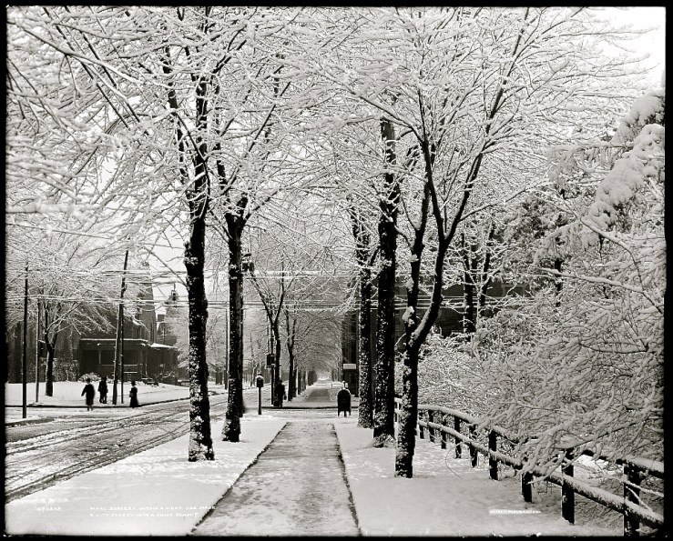 snowy city street, ca. 1900-1910, possibly Detroit, Michigan