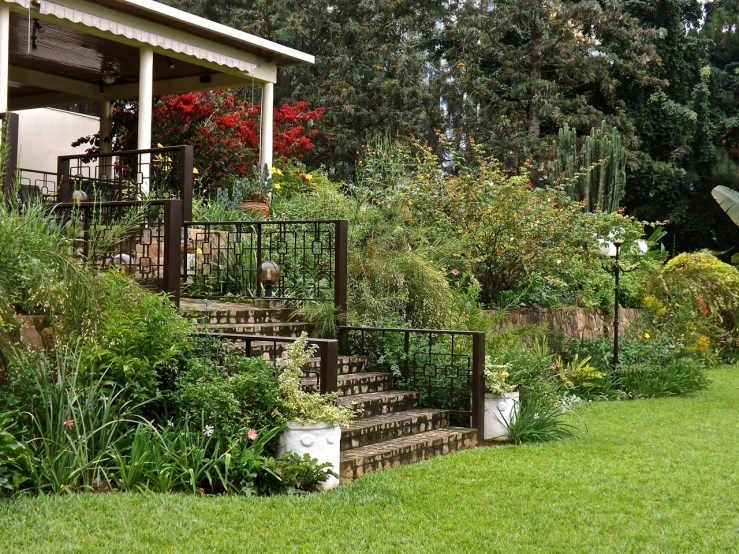 The steps and retaining walls.