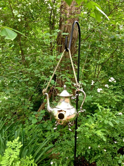 coffee pot birdhouse on Of Gardens