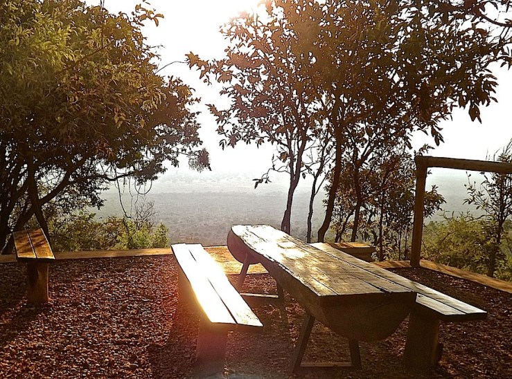 Picnic table, welcome center, Akagera Nat'l. Park in Rwanda:enclos*ure