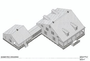 Drawing by Max Miller of the entire Palo Alto Plantation House, 2003, HABS, via Library of Congress.