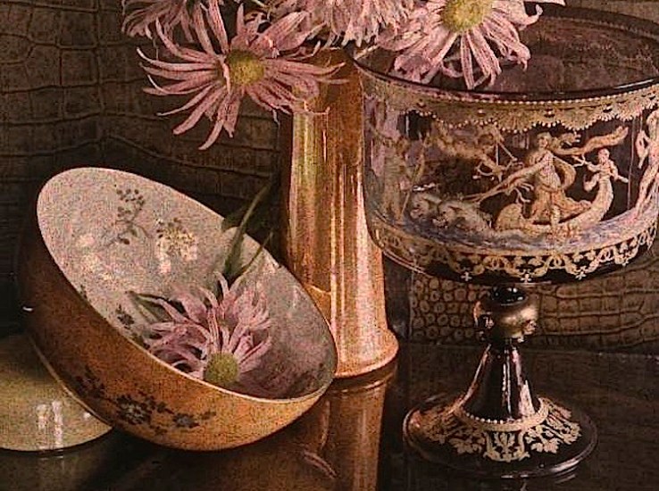 Pink flowers and bowl, detail, via Geo. Eastman Hse.